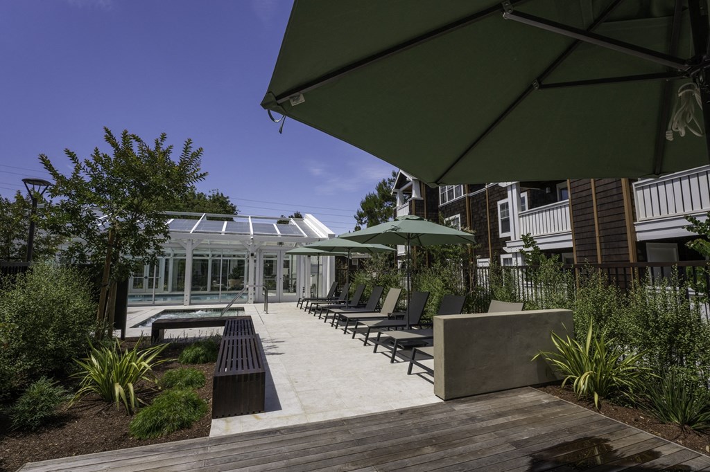 a courtyard with benches and umbrellas and a glass greenhouse