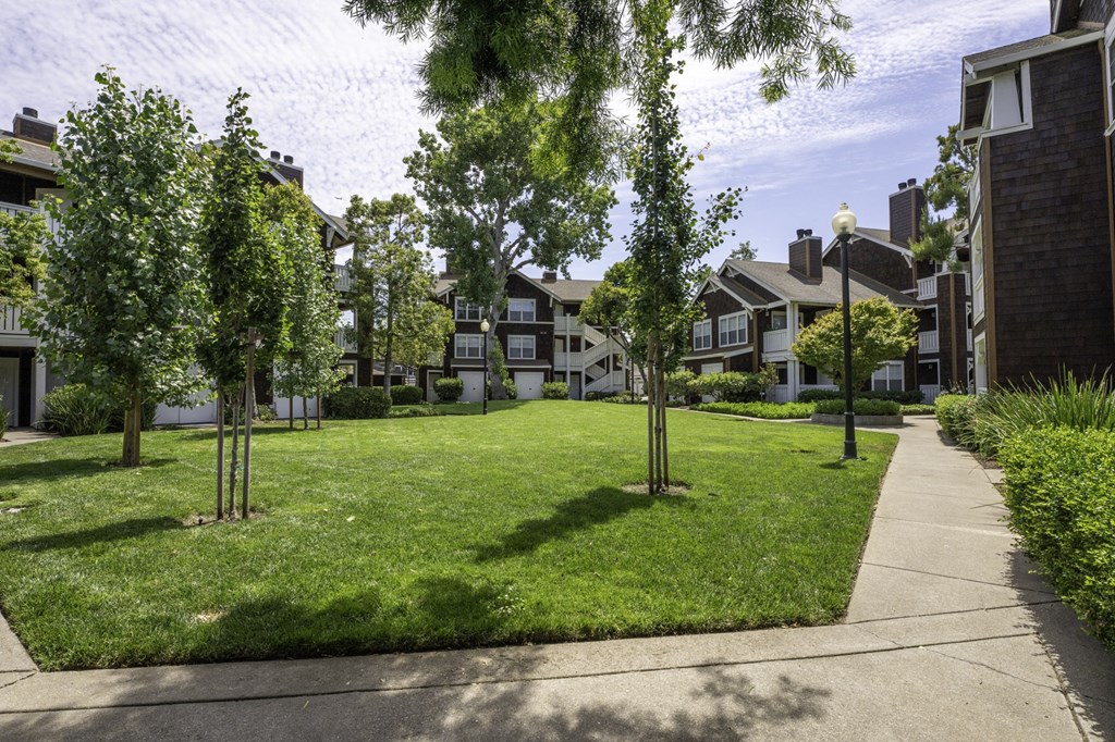 a yard with green grass and trees in front of apartment buildings