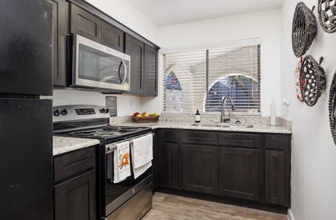 A kitchen with black cabinets and appliances.