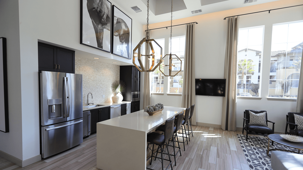 resident kitchen with fridge and lounge seating