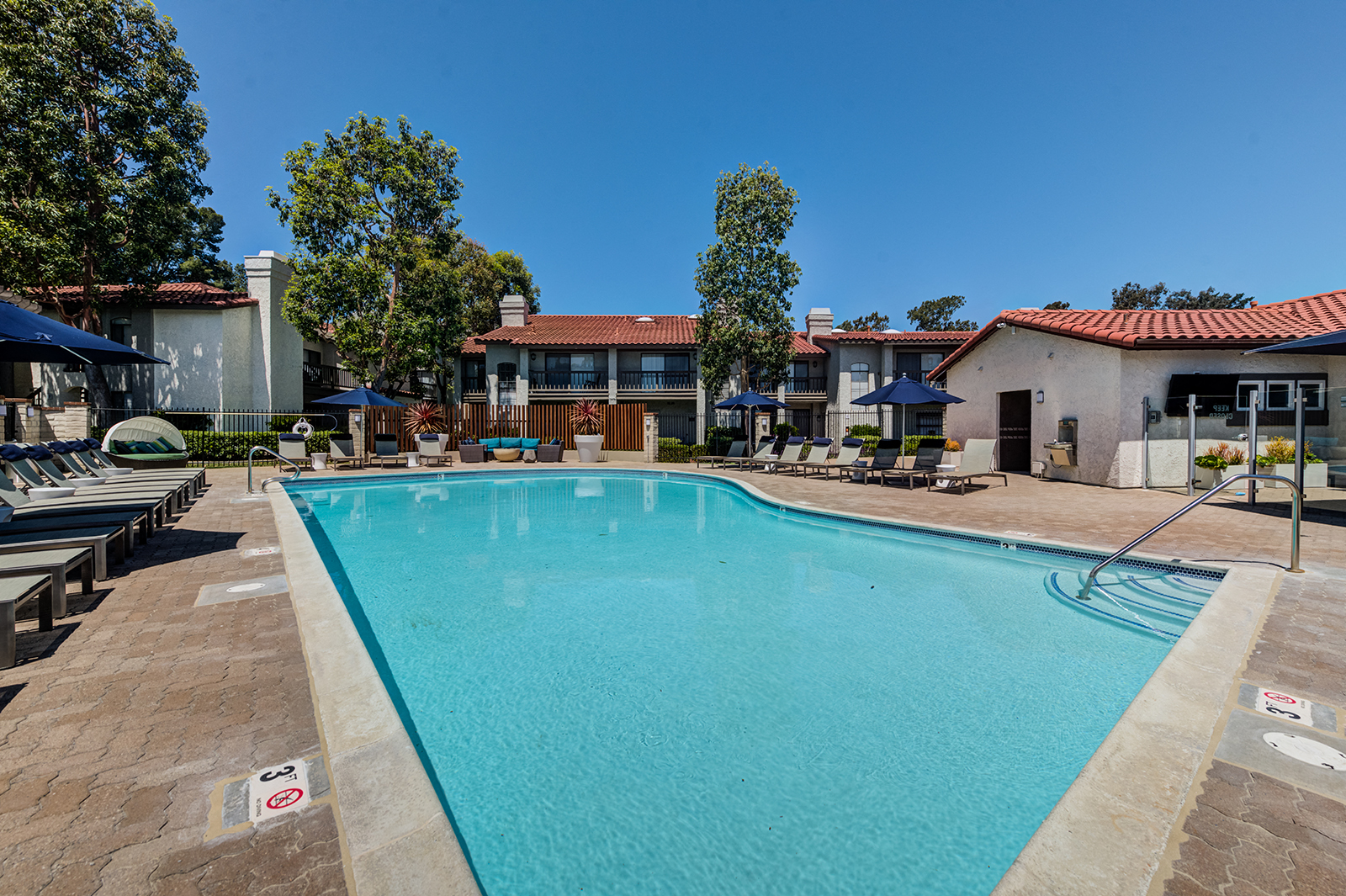 Apartments for Rent in Laguna Niguel - Pointe Niguel - Sparkling Pool with Lounge Chairs, Umbrellas, Trees, and View of Apartment Buildings