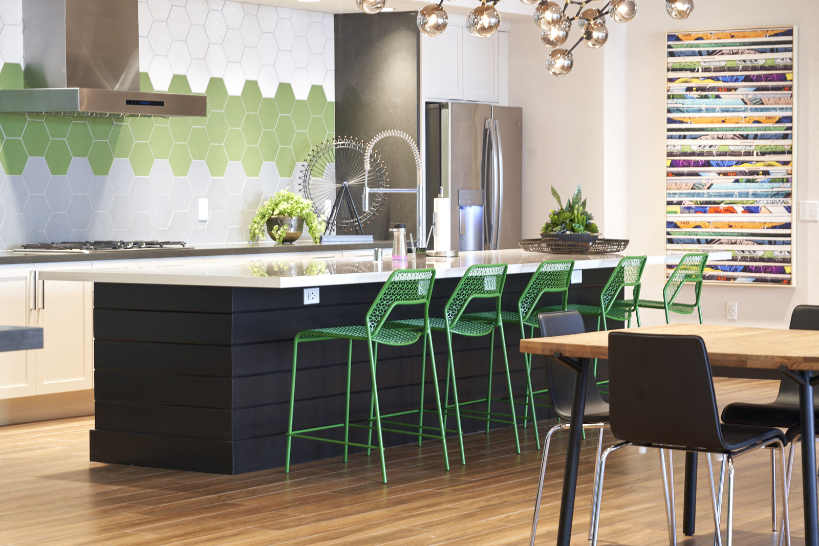 Community kitchen with stainless steel appliances