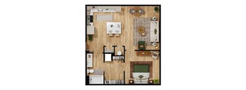 A top-down view of a kitchen with a dining table and chairs.