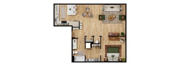 A top-down view of a living room with a fireplace and a dining area.