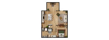 A top-down view of a house with a kitchen, living room, and dining area.