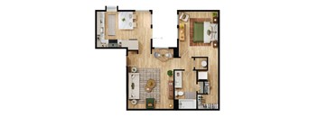 A floor plan of a house with a kitchen, living room, dining room, and bathroom.