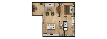 A top-down view of a well-organized kitchen and living room.