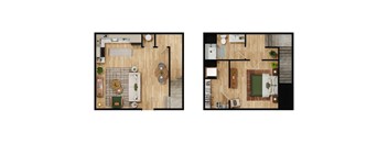 Two images of a room with a kitchen and living room.