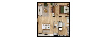 A top-down view of a kitchen with a dining area and a living room.