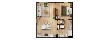A top-down view of a well-organized kitchen and living room.