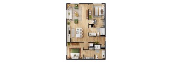 A top-down view of a house layout with a kitchen, living room, and two bedrooms.