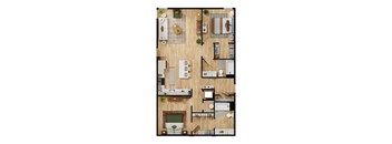 A floor plan of a house with a living room, kitchen, dining room, and two bedrooms.