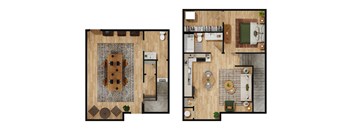 A floor plan of a house with a dining area and a living area.