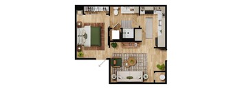 A top-down view of a living room with a couch, coffee table, and a dining area.