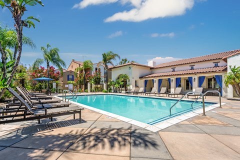 A pool surrounded by lounge chairs and palm trees.
