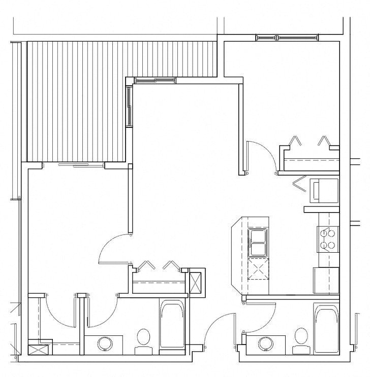 Two bedroom two bathroom townhome floor plan at Eastlake 2851 Apartments, Seattle, WA