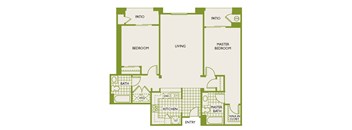 A floor plan of a house with a living room, kitchen, two bedrooms, a bathroom, and a walk-in closet.