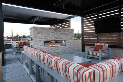 bayswater rooftop lounge with fireplace at Bayswater Apartments, Burlingame, 94010