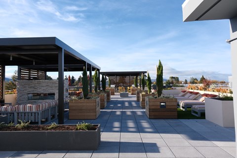 Rooftop Patio Lounge With Louge Seating, Potted Plants, Fire Pit, And Grilling Area. at Bayswater Apartments, Burlingame