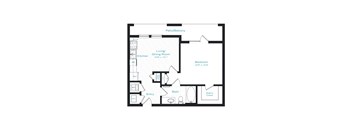 A floor plan of a house with a living room, dining room, kitchen, bathroom, bedroom, and walk-in closet.