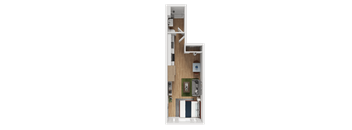 3D floor plan with bedroom bathroom and living area at Noda Apartments, Seattle, 98101