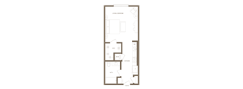 A floor plan of a living/bedroom with a kitchen, bath, and entry.