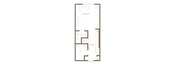 A floor plan of a house with labeled rooms such as Living/Bedroom, Bath, Kitchen, DW, and Entry.