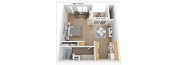 A 15'6" x 13'3" floor plan of a small apartment with a kitchen, living room, and bedroom.