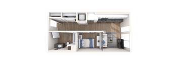 a rendering of a bedroom with a bed and a bathroom