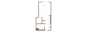 A floor plan of a living/bedroom with a kitchen, bathroom, and entry.