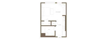 A floor plan of a house with a living room, kitchen, bathroom, and entry.