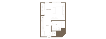 A floor plan of a house with a living room, kitchen, bathroom, and entry.