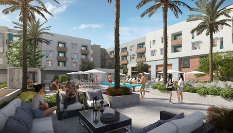 A group of people are enjoying a sunny day by a pool in a modern outdoor setting.