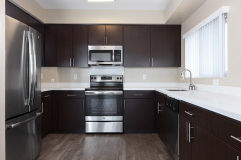 A modern kitchen with dark brown cabinets and stainless steel appliances.