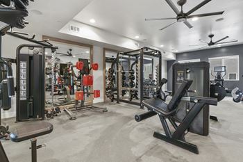 a home gym with weights and equipment and a door at Parkside at Littleton Village, Littleton