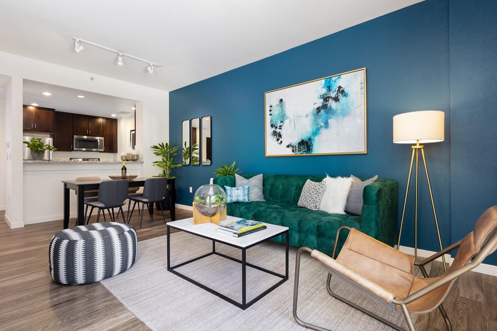 Luxury Apartments in San Francisco CA - Spacious Living Room At Strata at Mission Bay with Open Space Layout and Stylish Interiors and Hardwood Floors