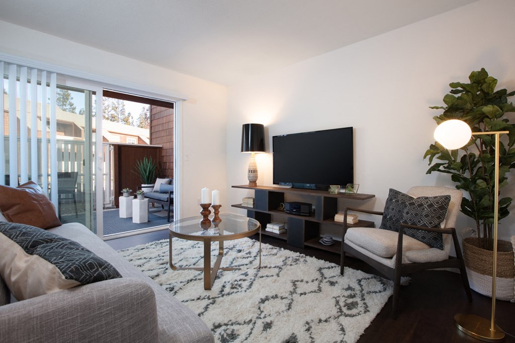 A living room with a grey couch, a wooden coffee table, a flat screen TV, and a floor lamp.