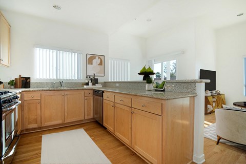 A kitchen with wooden cabinets and a granite countertop.