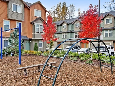 Kenmore WA Apartments - Northshore Townhomes - Outdoor Playground with Metal Bars, Swings, and Surrounding Trees