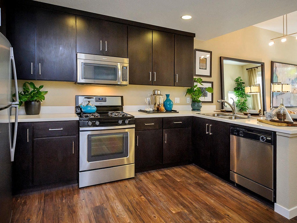 a kitchen with stainless steel appliances and black cabinets