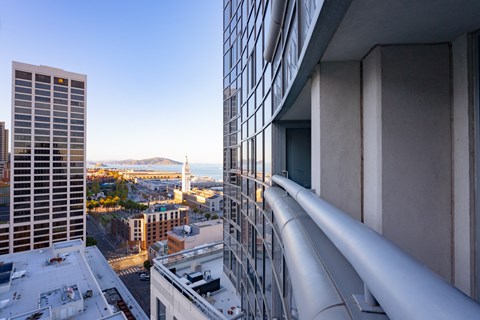 Balcony with view of the city at Towers at Rincon, San Francisco, CA