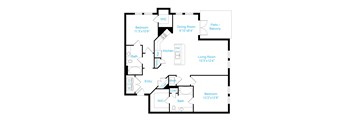 A floor plan of a house with a living room, dining room, kitchen, two bedrooms, a bathroom, an entry way, a patio, a laundry room, and a wine cellar.