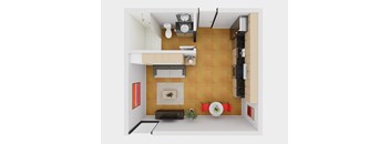 A top-down view of a kitchen with a dining table and chairs.