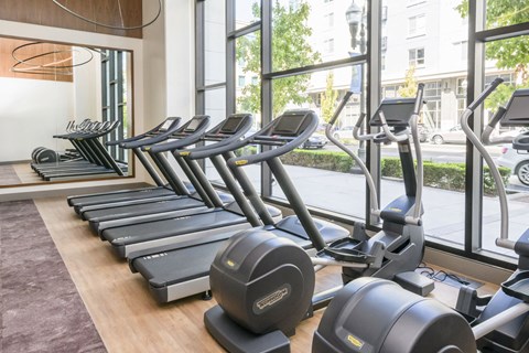 A gym with treadmills and elliptical machines.