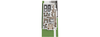 A floor plan of a house with two bedrooms, a living room, a kitchen, and a garage.