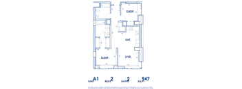 A floor plan of a house with two bedrooms, two bathrooms, a living room, and a kitchen.