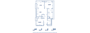 A floor plan of a two bedroom apartment with a living room, kitchen, and bathrooms.