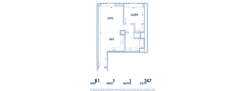 A floor plan of a small apartment with a living room, a sleeping area, a kitchen, and a bathroom.
