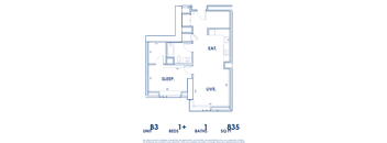 A floor plan of a unit with a living room, a bedroom, and a bathroom.