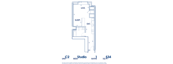 A floor plan of a studio apartment with a living room, sleeping area, and kitchen.